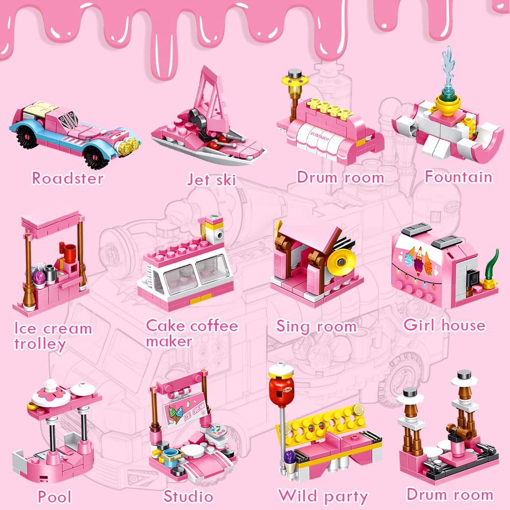 Vatos Girls Building Blocks Toys - 553 Pieces Ice Cream Truck Set Toys for Girls 25 Models Pink Building Bricks Toys STEM Toys V