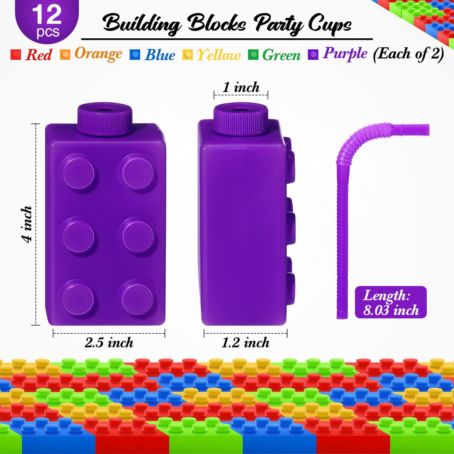 Sawysine 12 Set Building Blocks Cups 10 oz Blocks Reusable Party Favors Cup Plastic Colored Brick Drinking with Lids and Straws