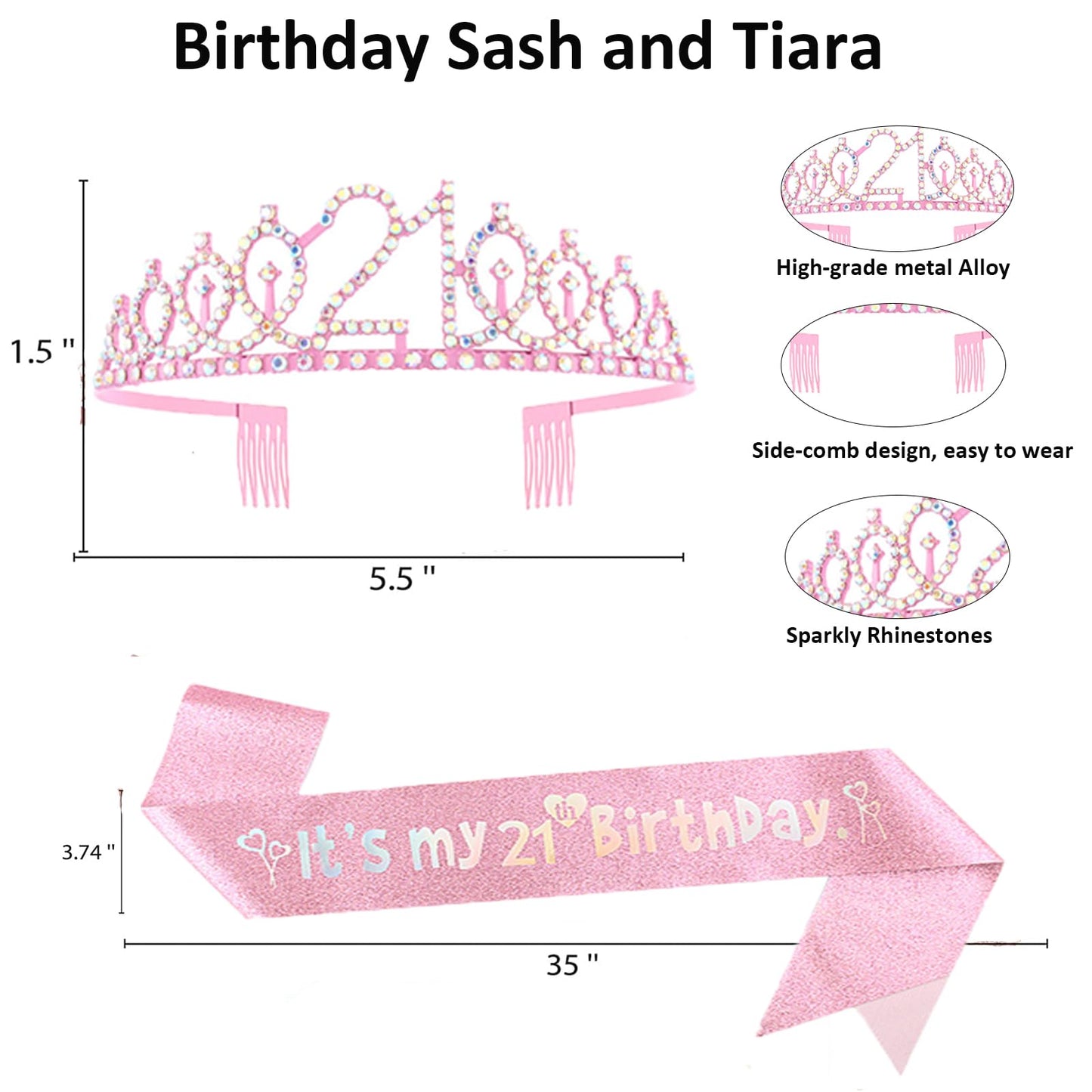 21St Birthday Decorations Pink, Happy Birthday Balloon, Foil Curtains, Table Runner, Cake Topper, Birthday Sash And Princess Cro