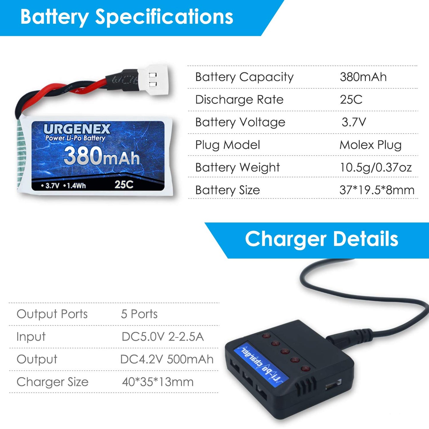 URGENEX 3.7V Drone Battery 380mAh 25C 1S Lipo Battery Fit for SYMA Holy Stone Drone Quadcopter Aircraft Parts 5PCS RC Battery wi