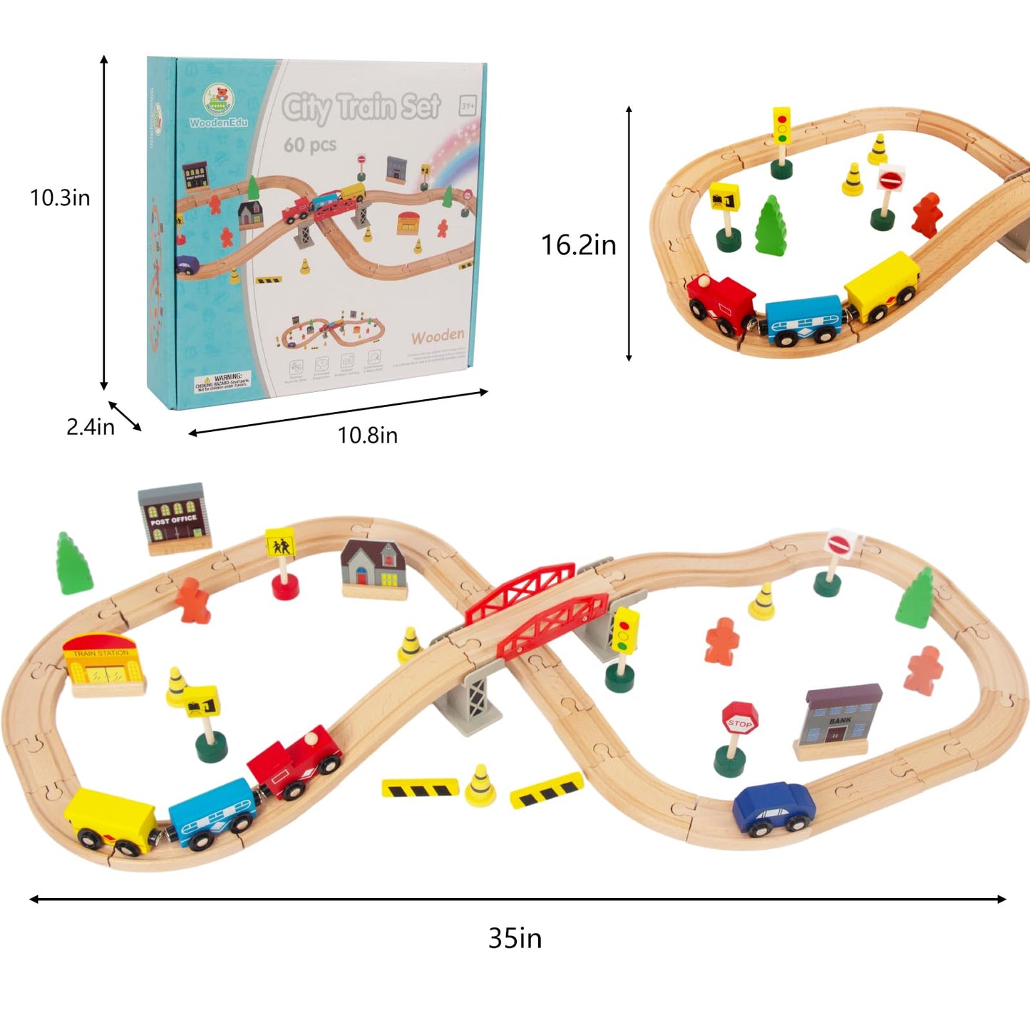 Woodenedu 60Pcs Train Set For Toddlers, Bridge & Double-Side Wooden Train Set Tracks, Fits Brio, Thomas, Melissa And Doug, Kids