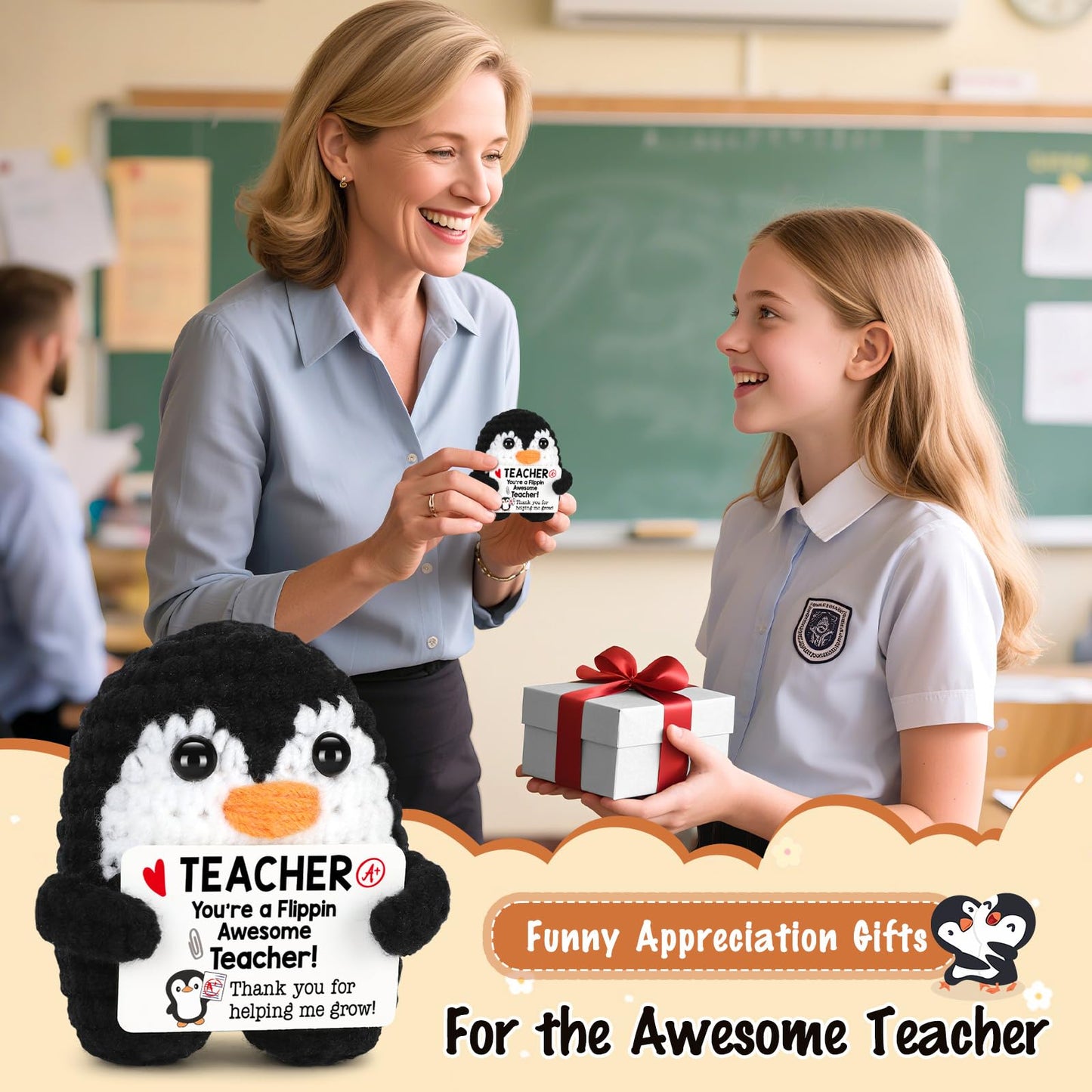 CryCarrot Teacher Appreciation Gifts Positive Crochet Penguin, Mini Funny Appreciation Thank You Teacher Gifts for Women Men End