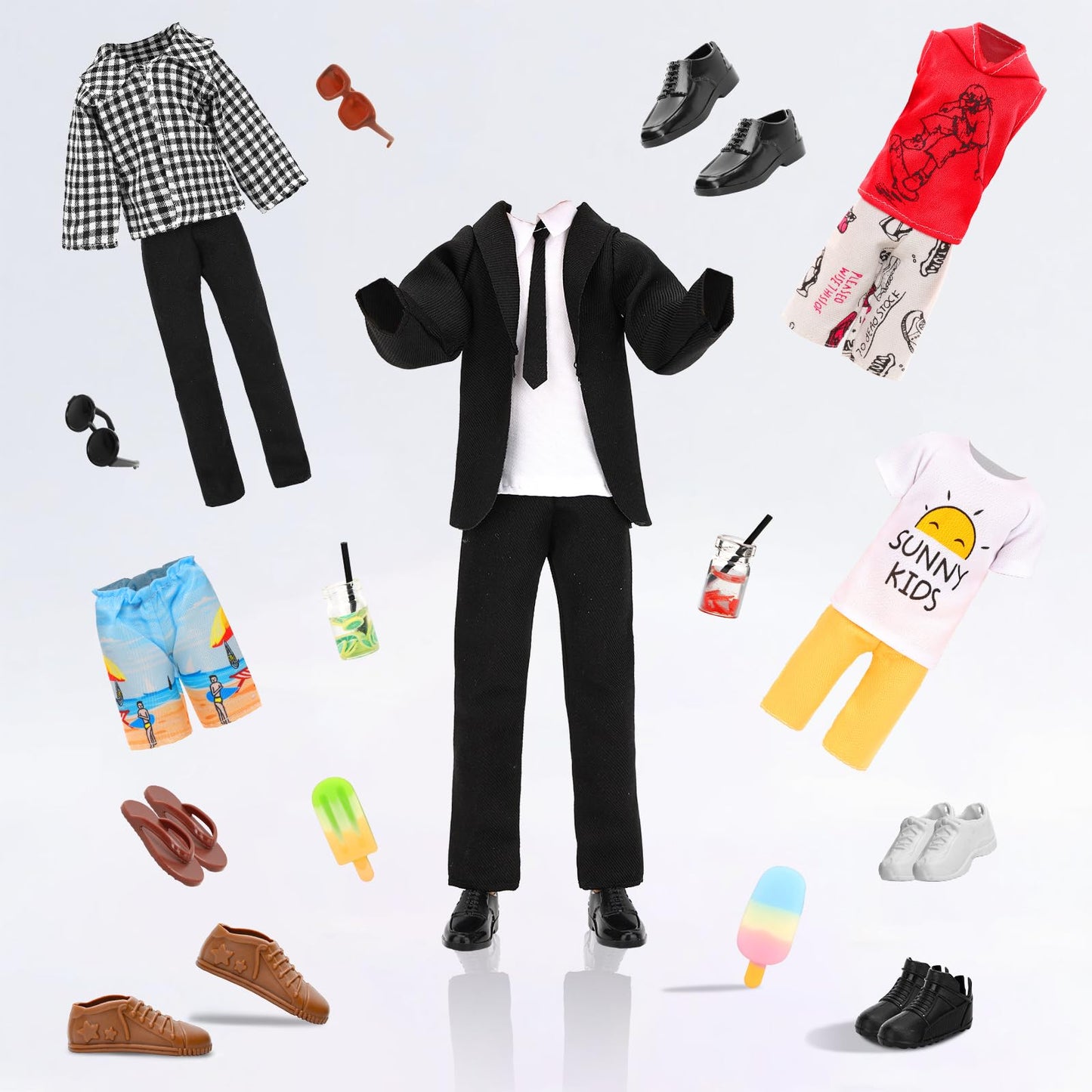 Miunana 21 PCS 11.5 Doll 5-in-1 Men's Fashion Bundle - 5 Outfits + 5 Shoes + 2 Sunglasses + 2 Ice Pops + 2 Drinks (Suit/Casual/Athletic/Swimwear) - Multi-Style Wardrobe Set for Business/Travel/Summer