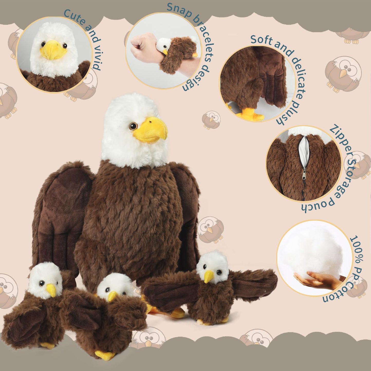 Xyhqyb Bald Eagle Stuffed Animal Plush, 14 Inch Mommy Eagle Plush With 3 Cute Babies Bald Eagles Slap Bracelet Plushies Eagles S