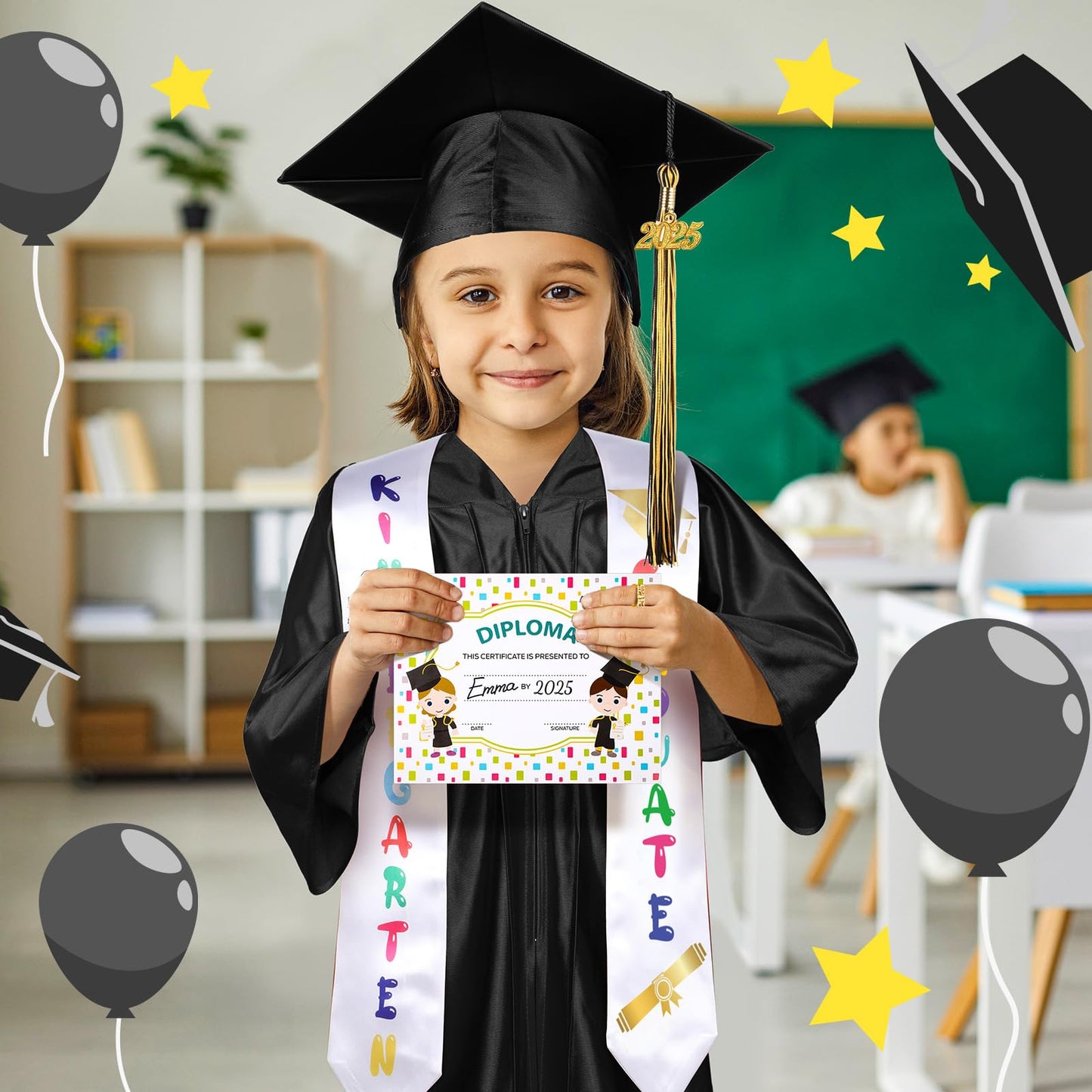 Sasylvia Kindergarten Preschool Graduation Gown Cap Set With 2025 Tassel Graduation Stole Rings Certificate For Toddler Kids(Siz