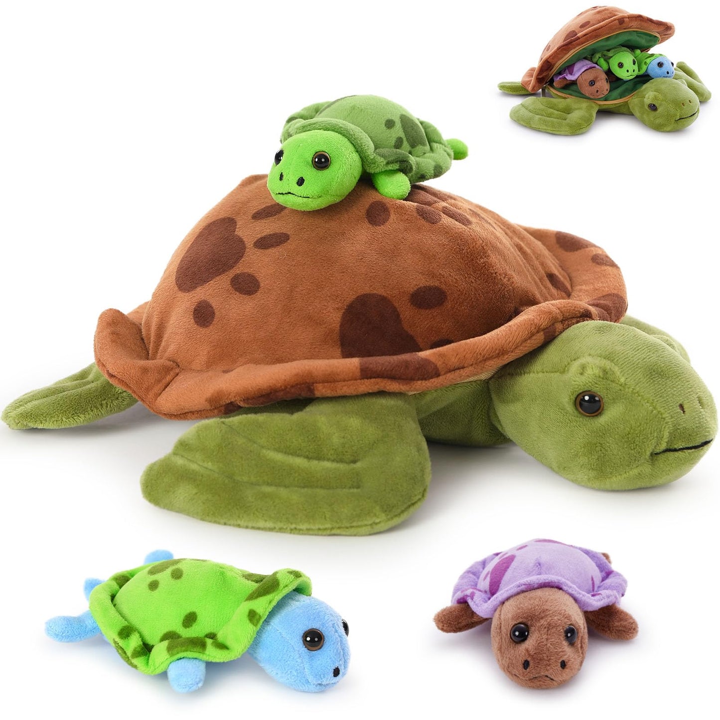 Muiteiur Sea Turtle Plush Toy - Soft Medium Multicolored Stuffed Animal with 3 Baby Turtles for Kids
