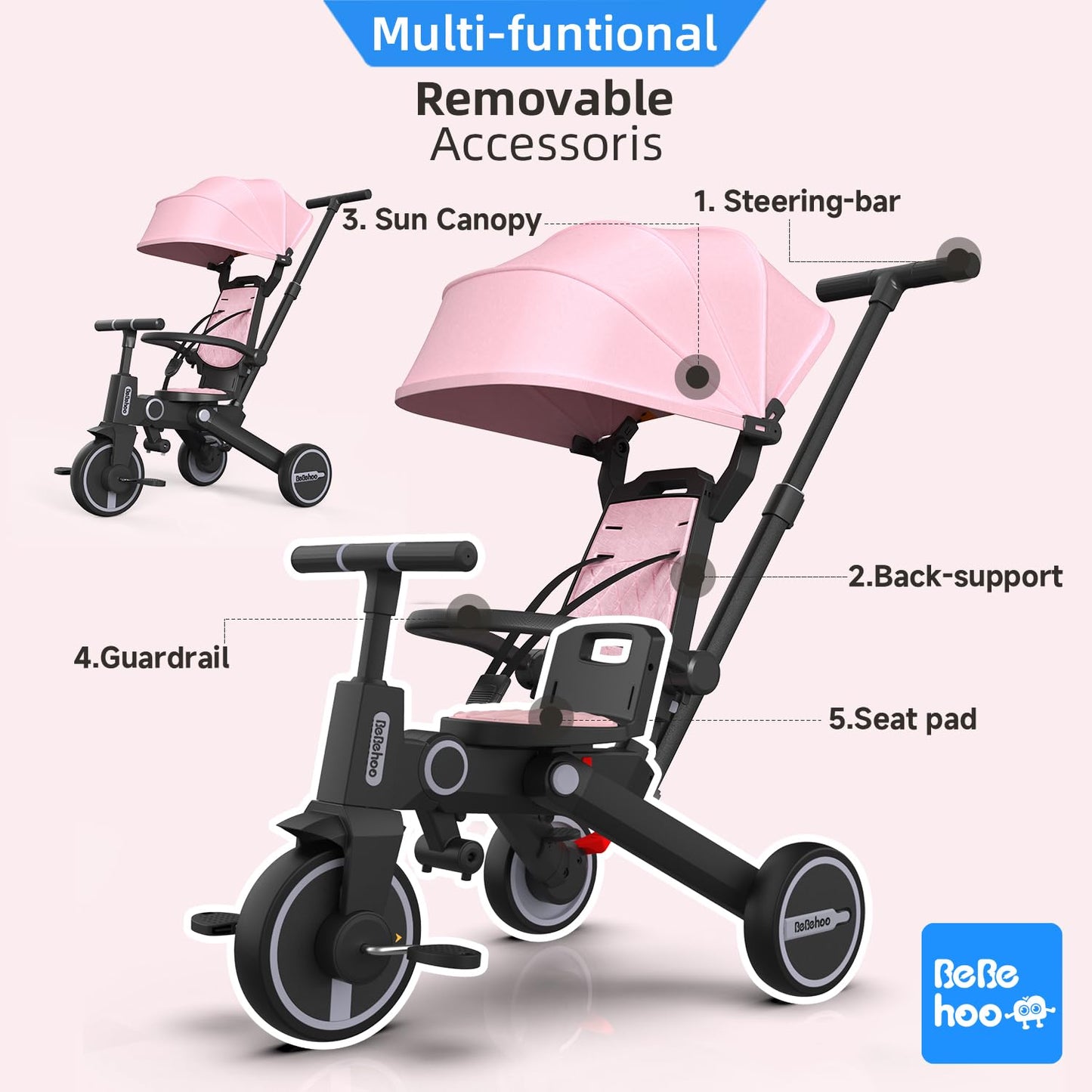 Bebehoo Tricycle Stroller for Toddler,Foldable Baby Tricycle,Kids Balance Bike with Push Handle,Toddlers Stroller Bike with 1 to