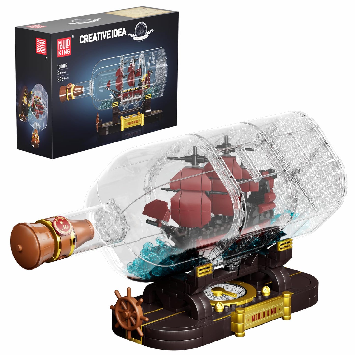 Mould King Ship In A Bottle Building Blocks Sets, 10085 Revenge Pirate Boat Model Kits Toys, Collectible Display Pirate Ship In A Bottle Kit, Stem Project For Adults And Kids Aged 8+ (885 Pieces)