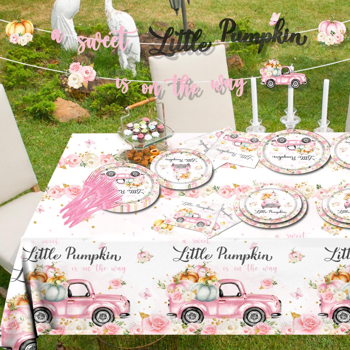 Little Pumpkin Baby Shower Party Decorations Tableware,142Pcs A Sweet Little Pumpkin Is On The Way Girl Pink Floral Truck Dispos