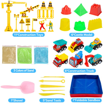 Play Construction Sand Kit for Kids, 3lbs Sand, 6 Mini Construction Trucks, Construction Toys and Signs, Castle Sand Molds Tools