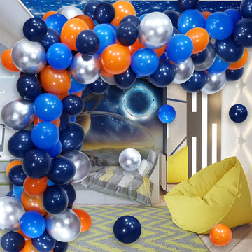 Balloon Arch Garland Kit, Space Balloon Decor Blue Balloon Garland Kit, Royal Navy Blue And Orange Blue And Metallic Silver Balloon Arch Kit For Outer Space Party Theme Supplies Baby Shower Birthday