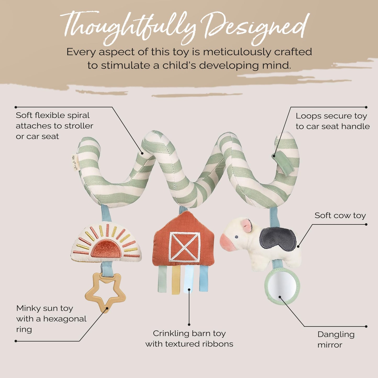 Itzy Ritzy Spiral Car Seat & Stroller Activity Toy - Stroller & Car Seat Toys For Ages 0 Months And Up - Hanging Toys Include Dangling Ring, Mirror And Textured Ribbons (Farm)