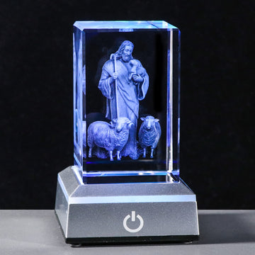 Ywhl 3D Crystal Good Shepherd Statue With Colorful Base Laser Engraved Jesus Figurine For Religious Gifts For Women Men On Chris