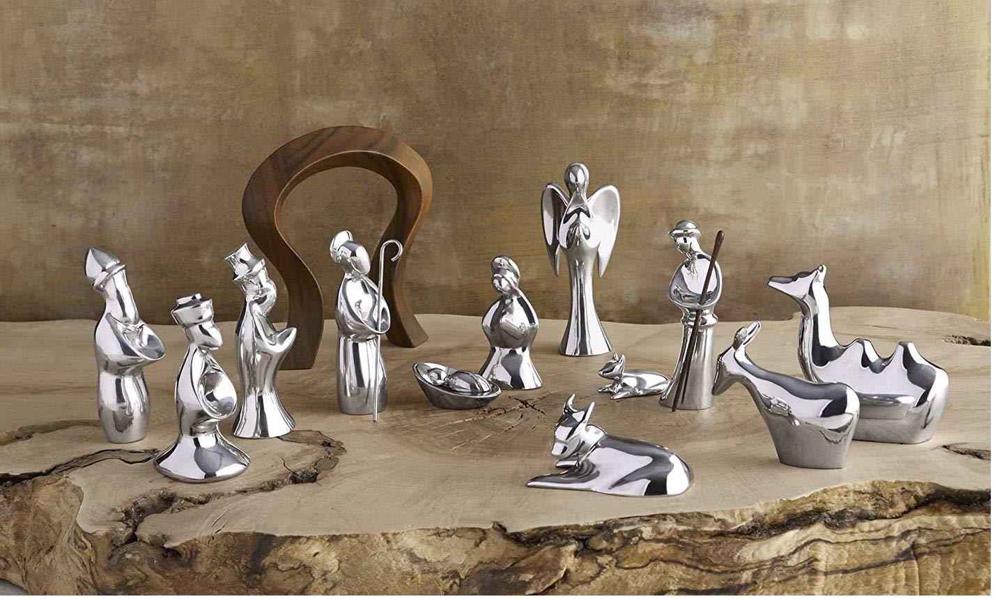 Nambé Nativity Scene Figurines (4-Piece Set) - Christmas Figurine Set - Creche, Mary, Joseph, Baby Jesus In Acacia Wood & Alloy, Elegant Holiday Décor For Spiritual & Festive Holiday Display