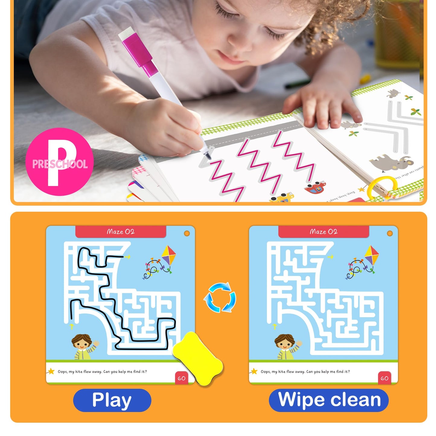 Hoqeewipe Preschool Learning Activities Line Tracing Number Letter For Kids, Wipe Clean Preschool Pre K Workbook Educational Gam