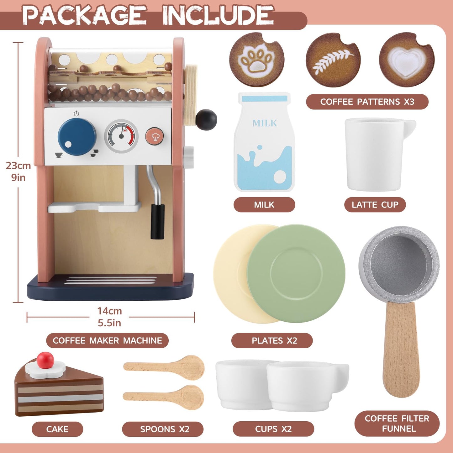 GAGAKU Wooden Coffee Maker Toy 15 pcs Play Kitchen Accessories Toy Coffee Maker for Kids Pretend Playset Toddler Coffee Maker Gi