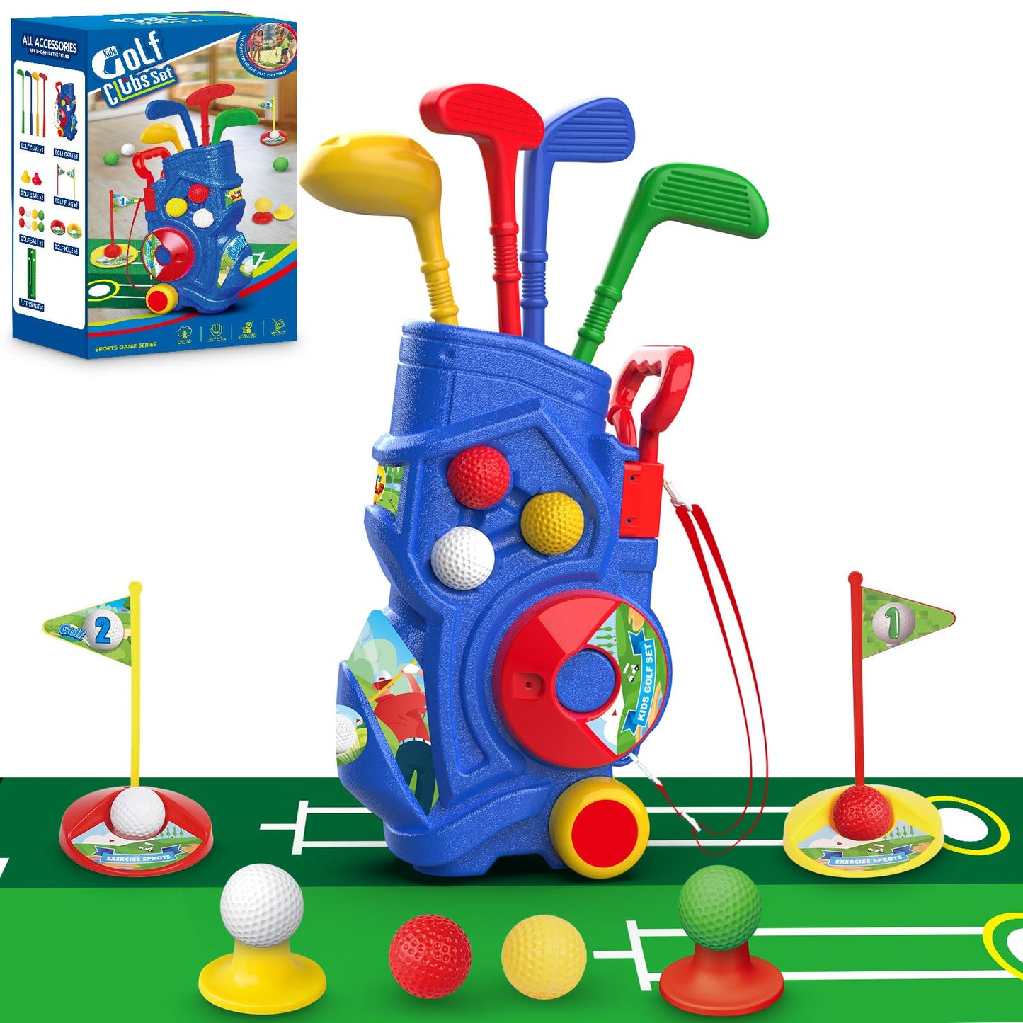 Letapapa Toddler Golf Set, Kids Golf Clubs With Putting Mat, Toys For Boys 3 4 5+ Years Old, Sports Golf Toys With 4 Clubs, 8 Balls, 2 Practice Holes, Shoulder Strap, 20 Pcs, Blue (Le-W-Golf-Boy)