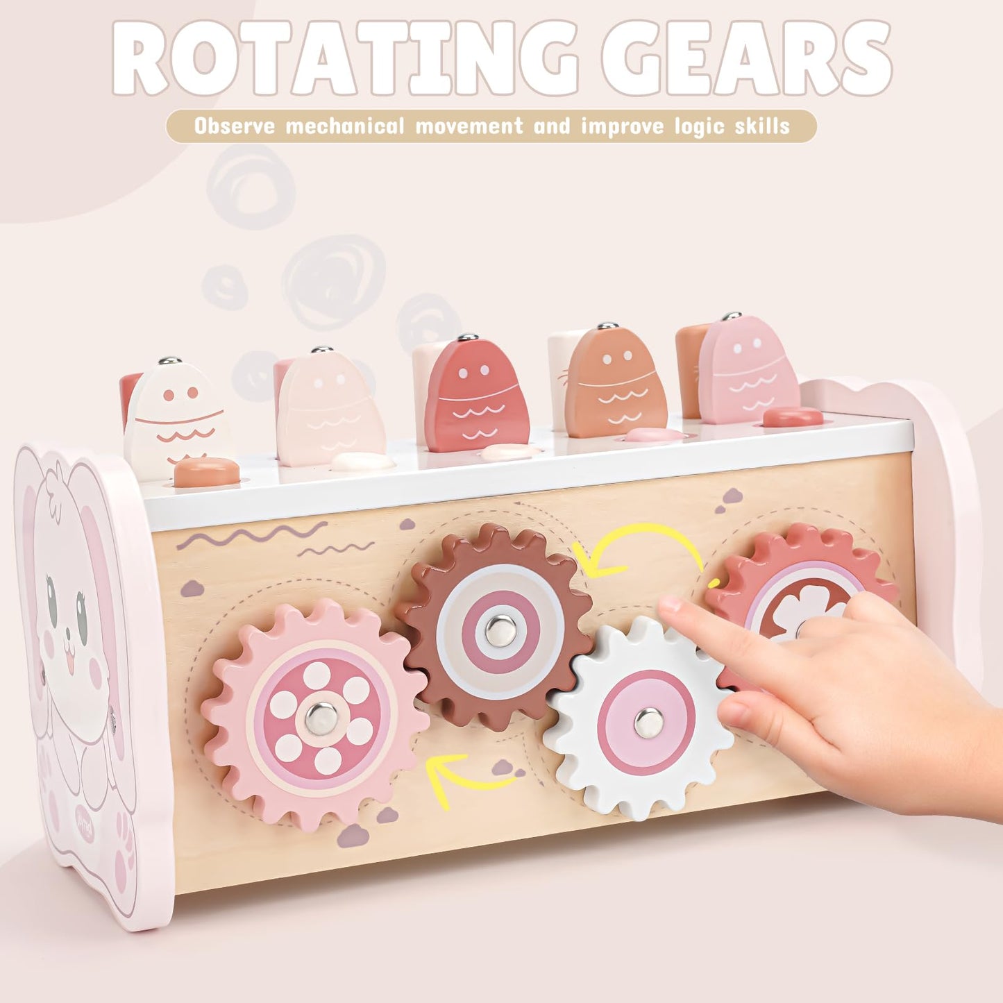 Joyreal Pink Wooden Hammering Toy with Xylophone & Fishing Game - Small Montessori Learning Activity for Kids 1+ Years Old