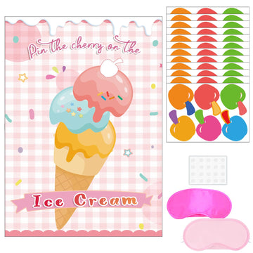 Pin The Cherry On The Ice Cream Game -Ice Cream Party Game With 21'' X 28'' Poster, Reusable Cherry Sticker Carnival Party Suppl