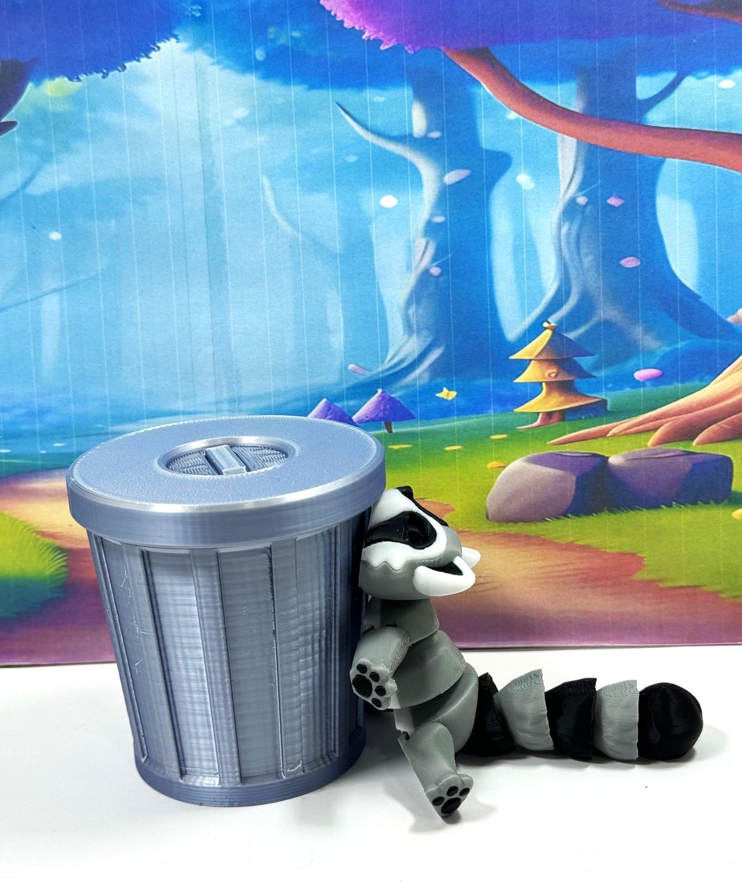 3D Printed Racoon With Trash Can, Articulated Racoon Fidget Toy For Adhd Autism, Gray, Black And White Trashcan Raccoon, Trash P