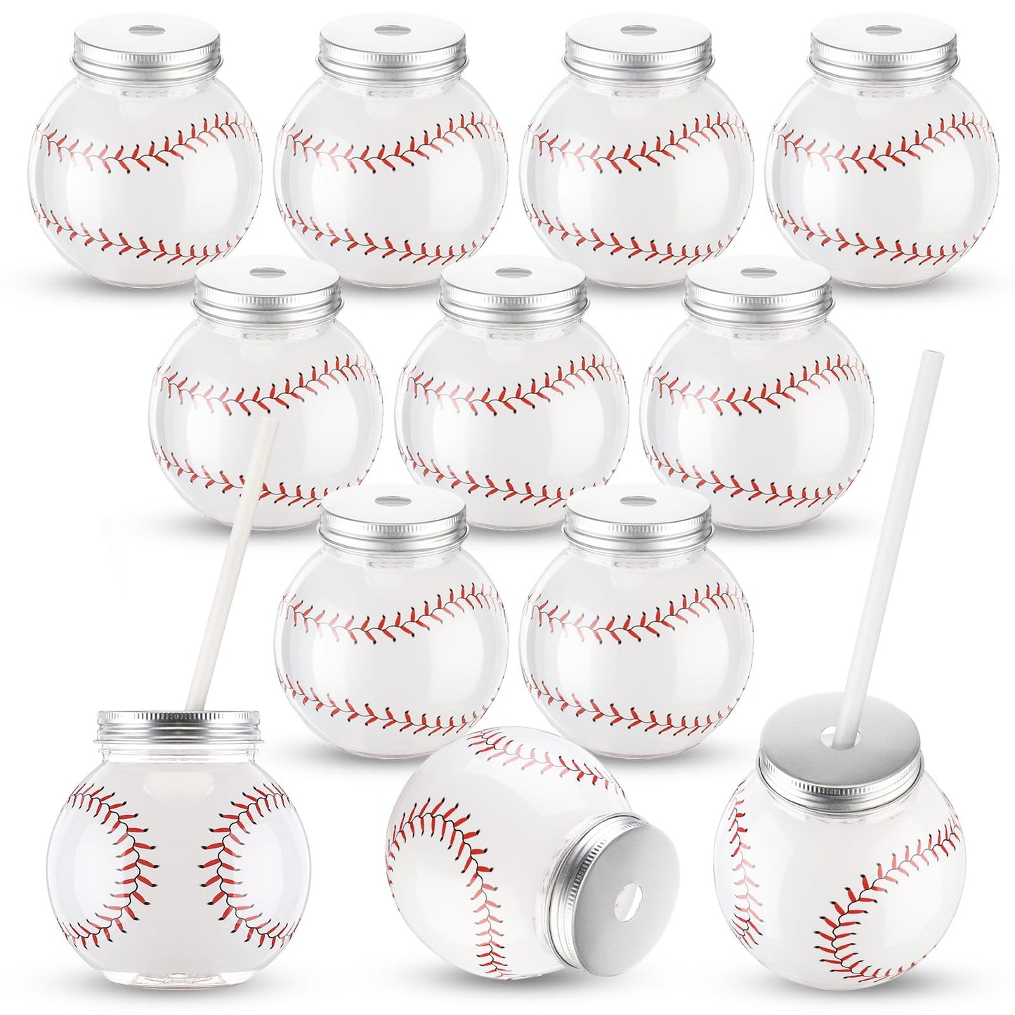 Baderke 12 Set Baseball Cups with Straws and Lids 10oz Plastic Baseball Shape Cups Bulk Sports Theme Bottle for Drink Birthday S
