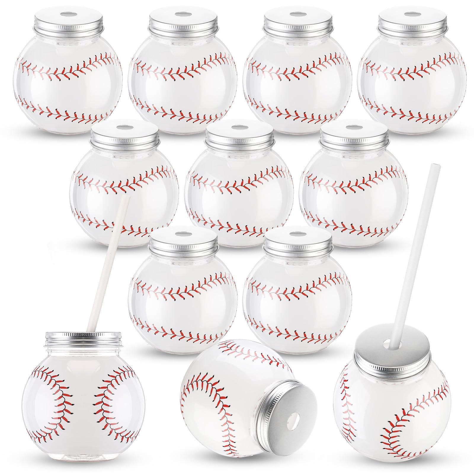 Baderke 12 Set Baseball Cups with Straws and Lids 10oz Plastic Baseball Shape Cups Bulk Sports Theme Bottle for Drink Birthday S