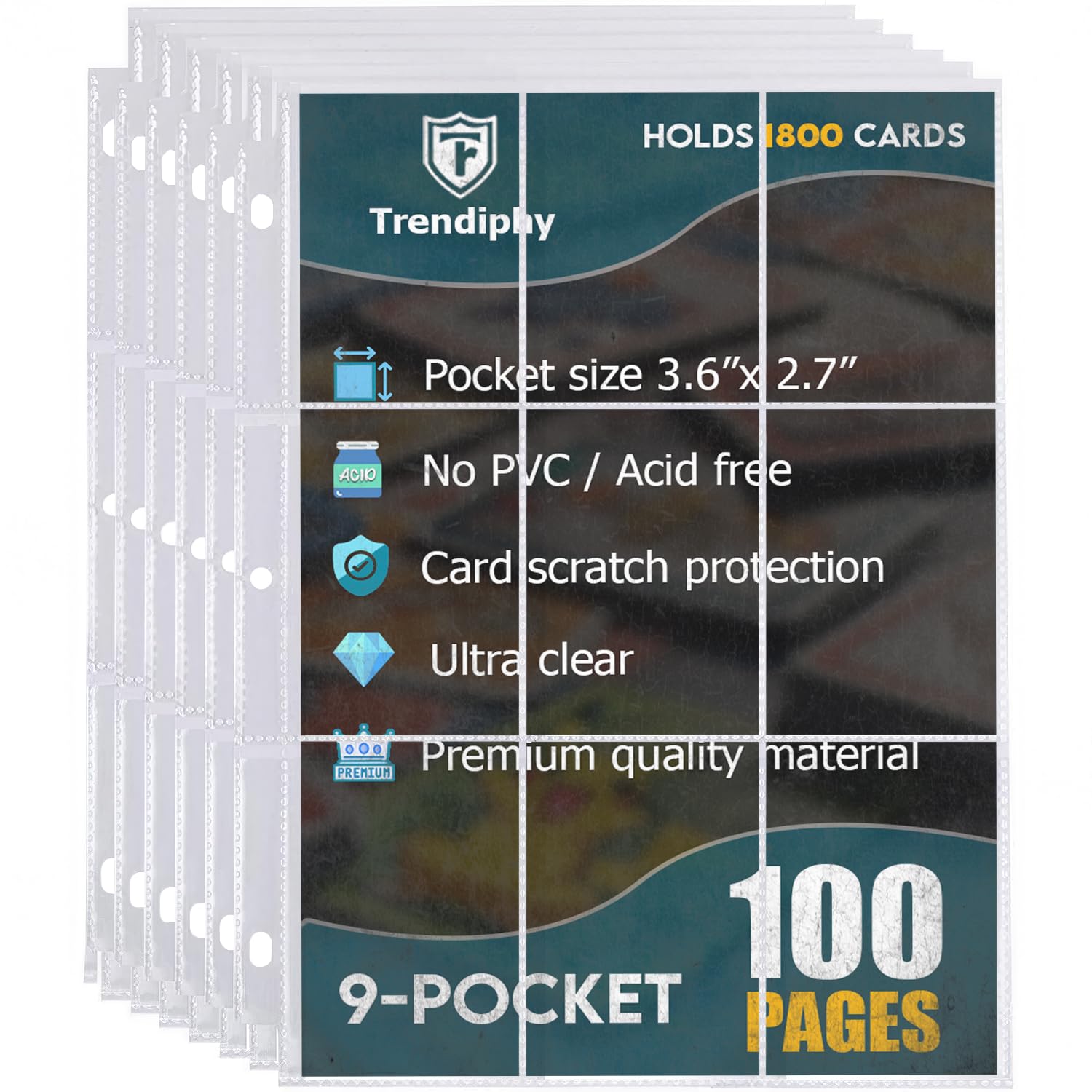 1800 Pockets Trading Card Sleeves  enhanced 9-Pocket 100 Pages  Double-Sided Baseball Binder Sleeves  Protectors Binder Sheets for TCG Card Storage - Fits 3 Ring Binder (100 Sheets)