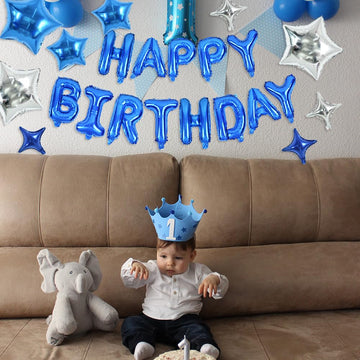 Toniful 35Pcs Blue Happy Birthday Decorations 16 Inch Happy Birthday Balloon Banner With Star Balloons Mylar Foil Birthday Party