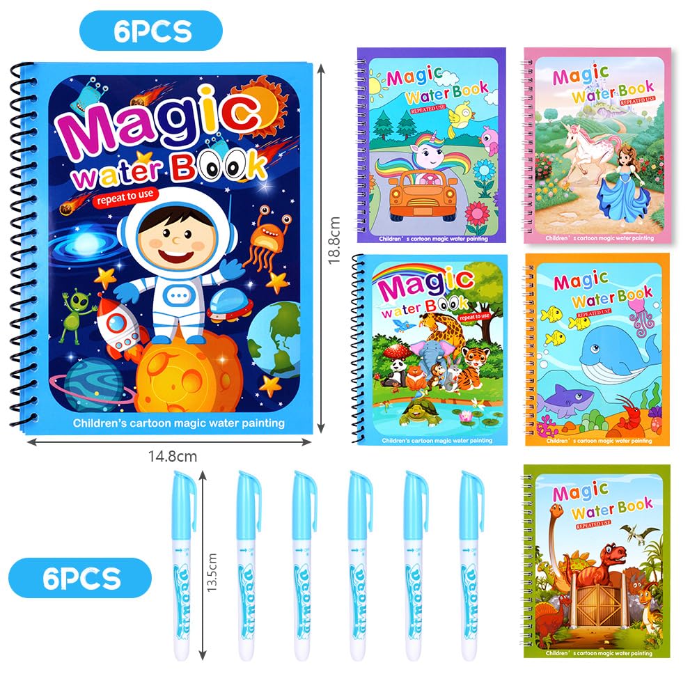 OSDUE Water Coloring Book for Toddler, 6 Pack Water Painting Book for Toddlers, Paint with Water Books, Educational Learning Doo