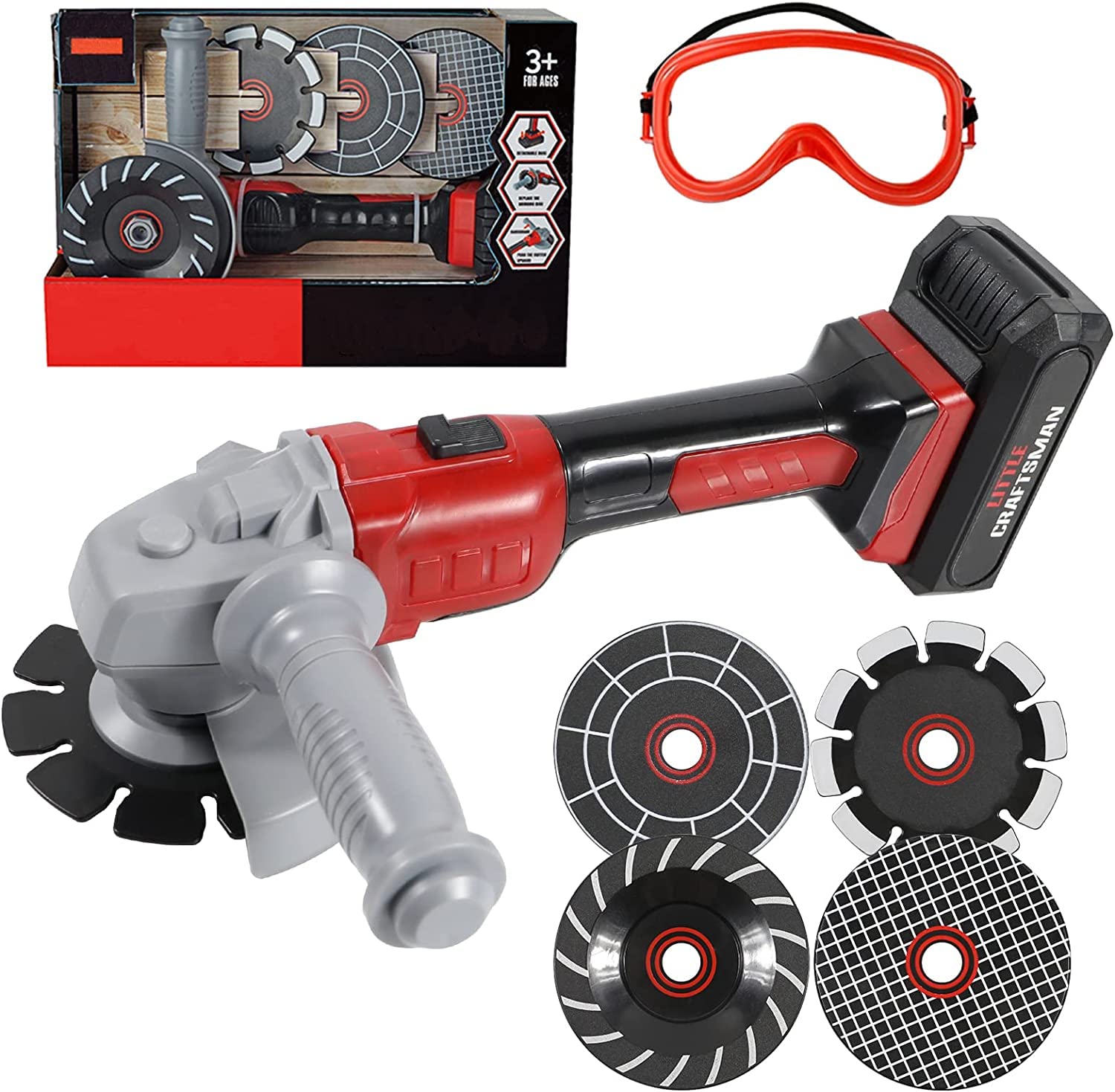 Sistracia Kids Mini Angle Grinder Toy Tool Set, Pretend Play Series Outside Construction Work Shop Toy Tool With 4 Grinder Wheel