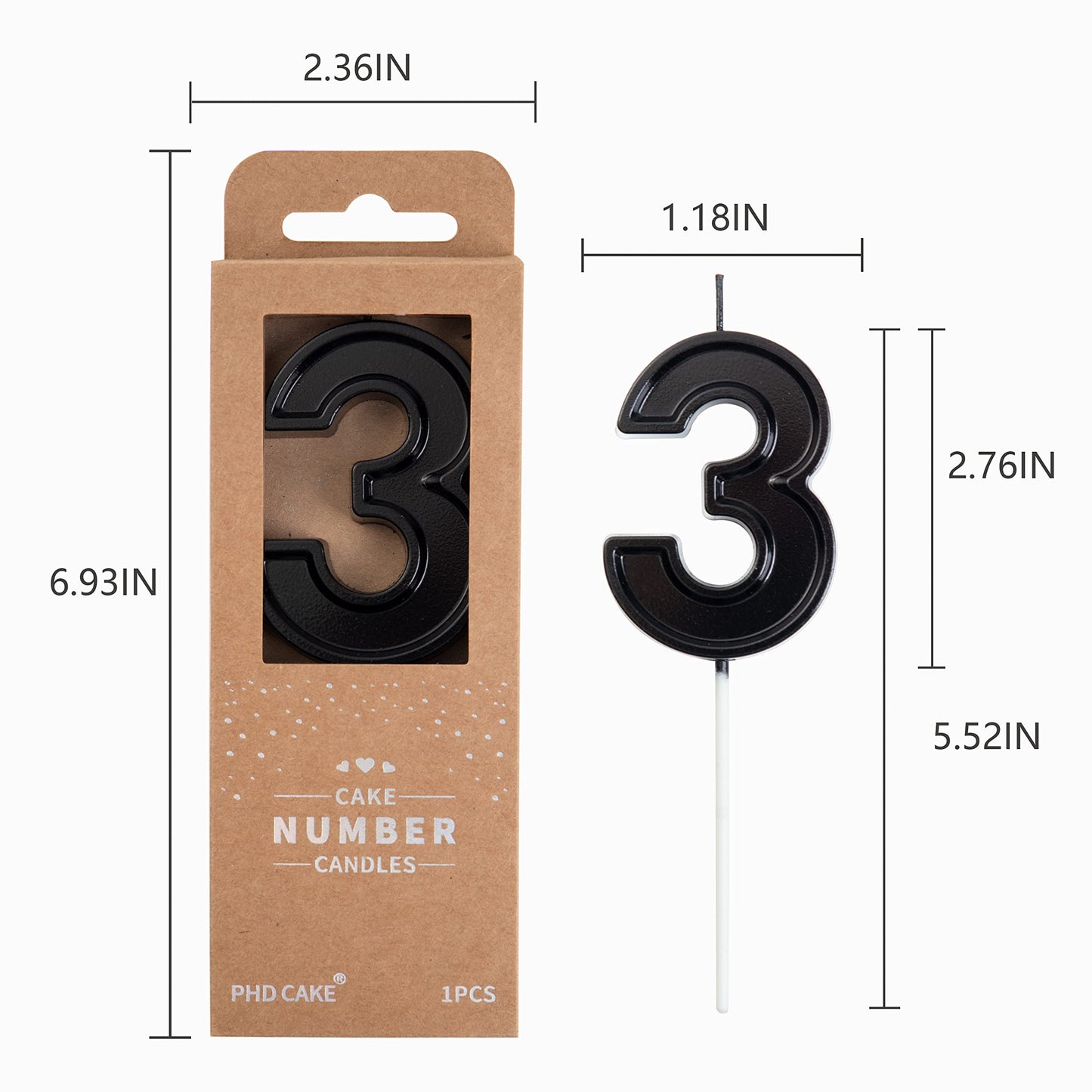 PHD CAKE 2.76 Inch Luxe Black 3 Number Birthday Candles, Black Number Candles, Cake Number Candles, Party Celebration