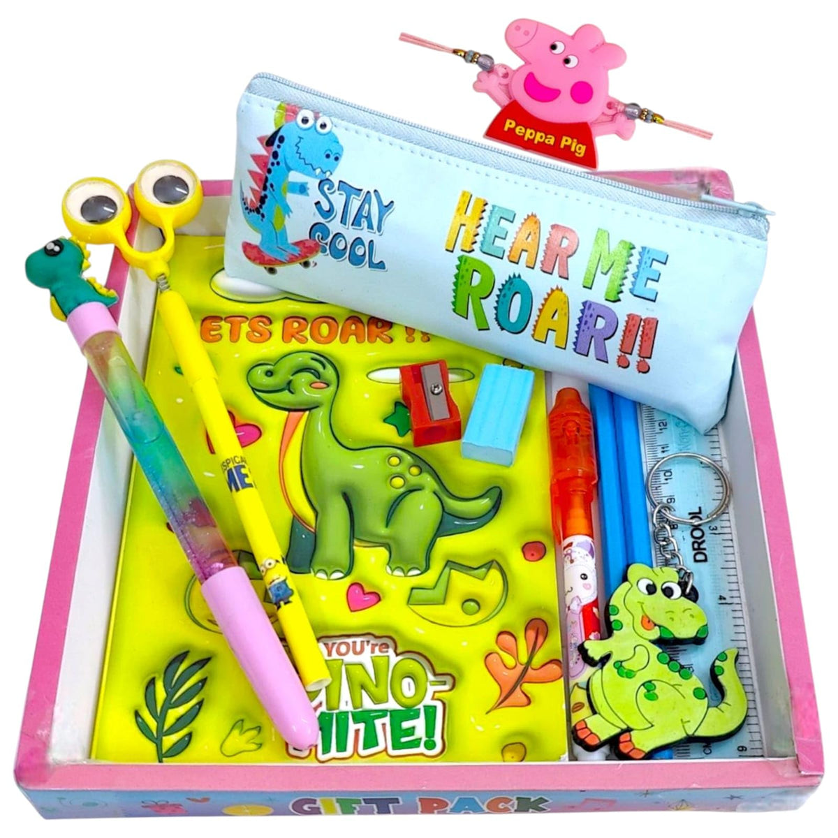 Amycaur Pack Of 7 Item In 1 Box, Dinosaur Theme Stationery Combo Set For Boys & Girls, Rakhi & Birthday Gift For Sister & Brothe
