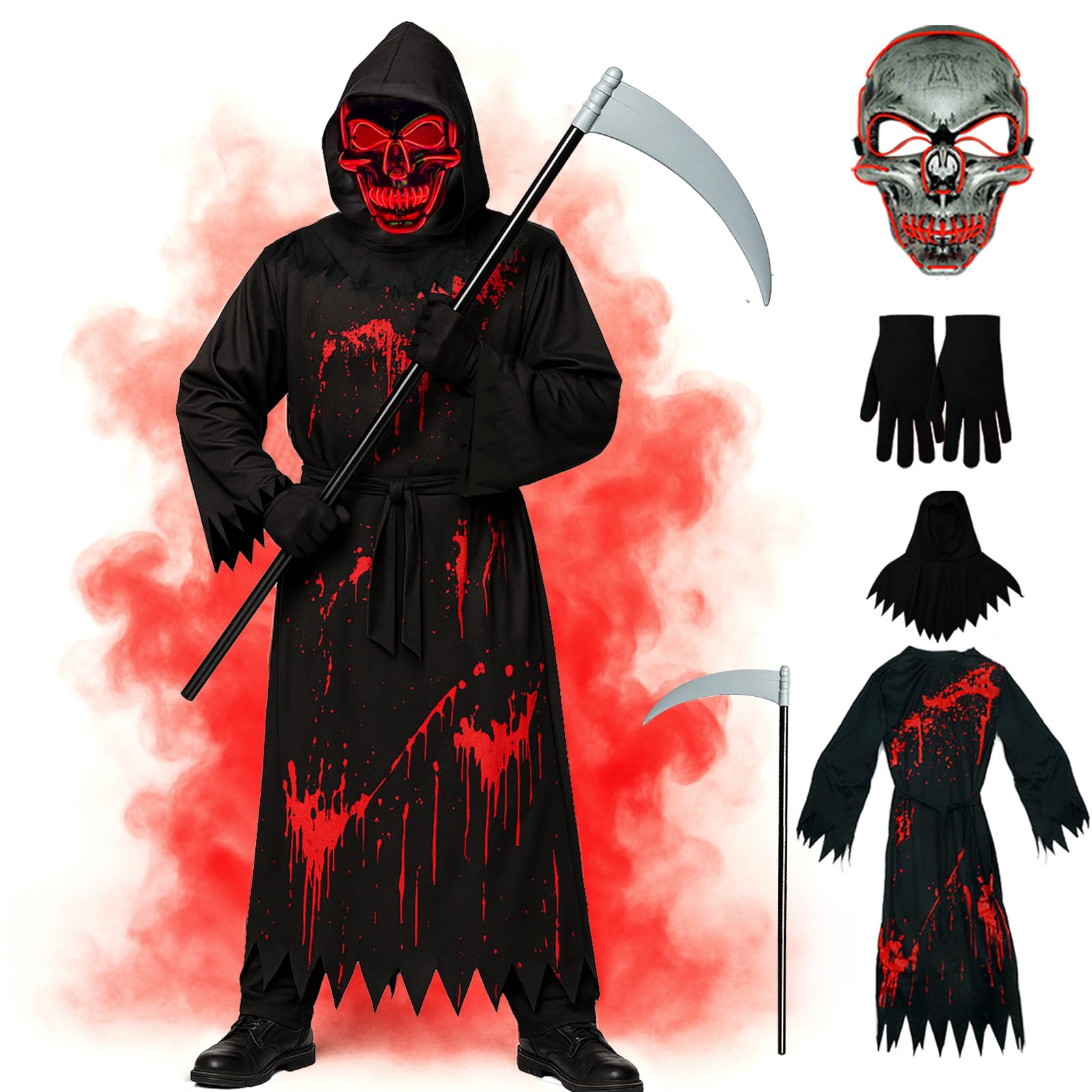 Loyalboom Halloween Costumes for Boys Grim Reaper Costume Kids with Ghostface Inspired Scary Scream Robe with Hood Mask and Sickle Spooky Outfit for Party or Trick or Treat(M 8-10 Years)