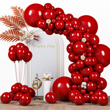 Voircoloria 130Pcs Ruby Red Balloons Different Sizes 18'' 12'' 10'' 5'' Dark Red Latex Balloon Garland Arch Kit For Birthday Bab