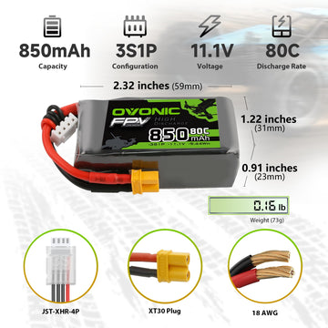 OVONIC Lipo Battery 850mAh 80C 11.1V 3S RC Battery with XT30 Connector for RC Plane DJI Quadcopter RC Airplane RC Helicopter RC