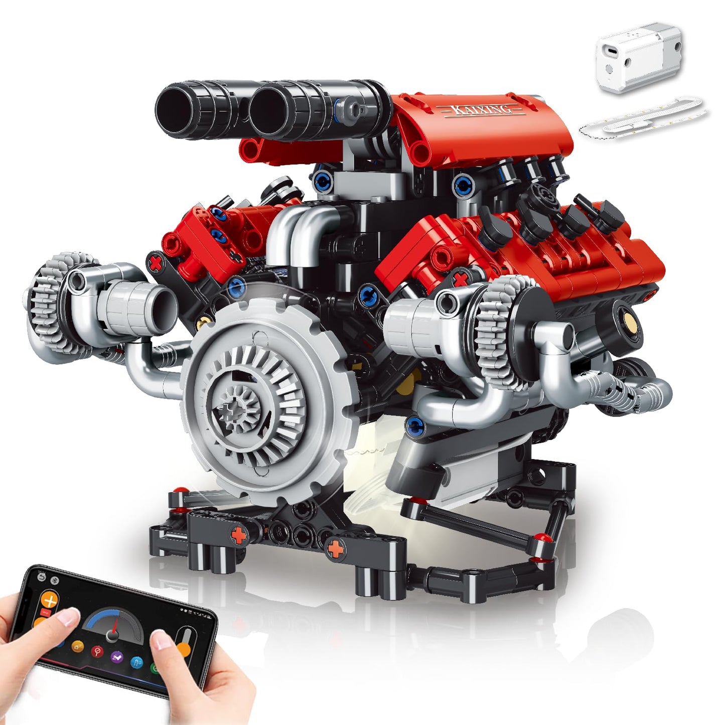 OWNONE 1 V8 Engine Model Kit That Work - 8-Cylinder Visible Engine Building Blocks Set with Motor  LED Light & APP Control - Build Your Own Engineering Kit  STEM Project for mature-themeds & Kids (660 PCS)