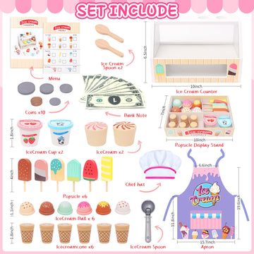 HAPGFS Wooden Ice Cream Toys for Toddlers 3-5 Kids Play Store Pretend Food Kitchen Accessories with Scoop & Menu & Toy Cash, Woo