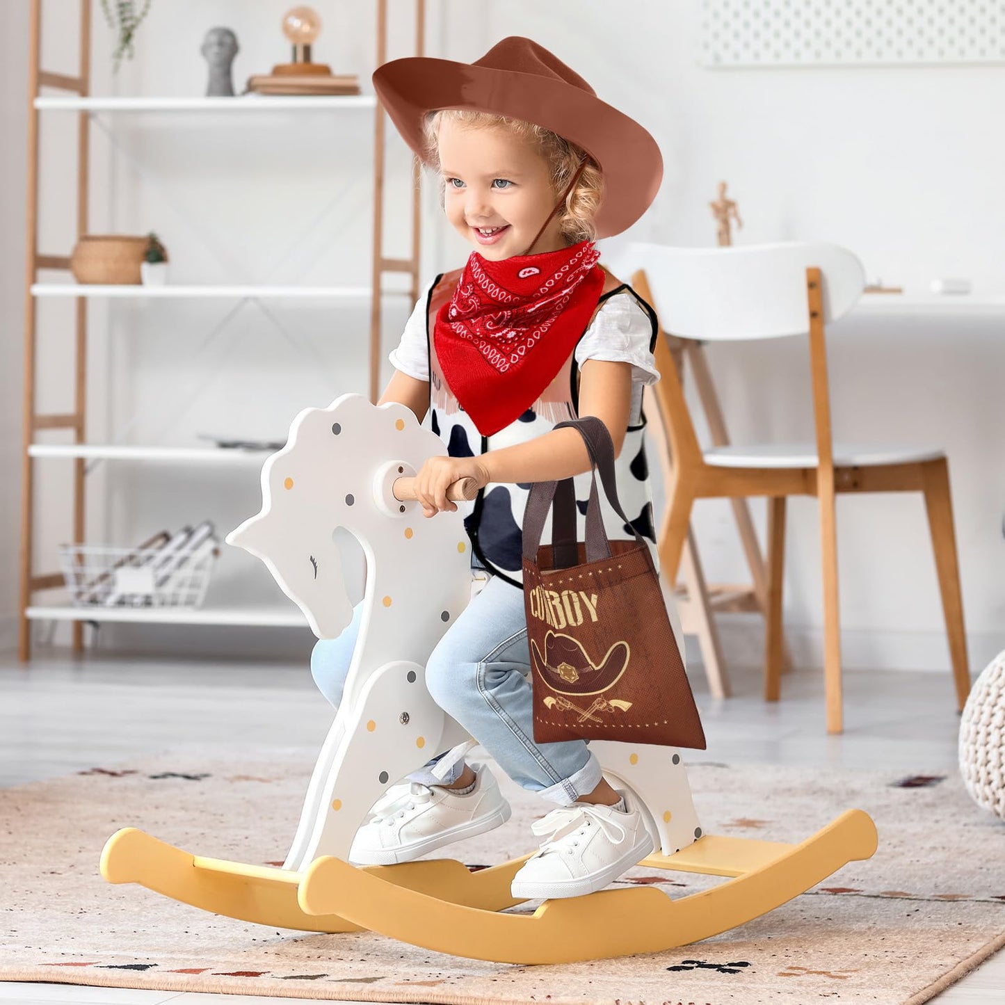 Toulite 24 Pcs Cowboy Cowgirl Hats Pack Cowboy Costume Outfit Include 6 Hats 6 Vest 6 Bandanas 6 Bags for Kids Party(Brown)