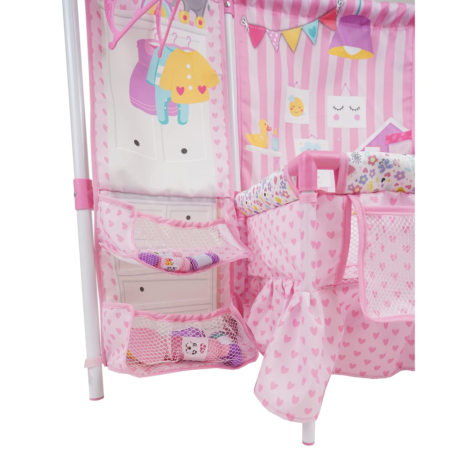 509 Crew BnB Pink Doll Furniture Set - 14 Baby Doll, Built in Highchair & Play Yard, Accessories, Kids Pretend Sleep Play Set