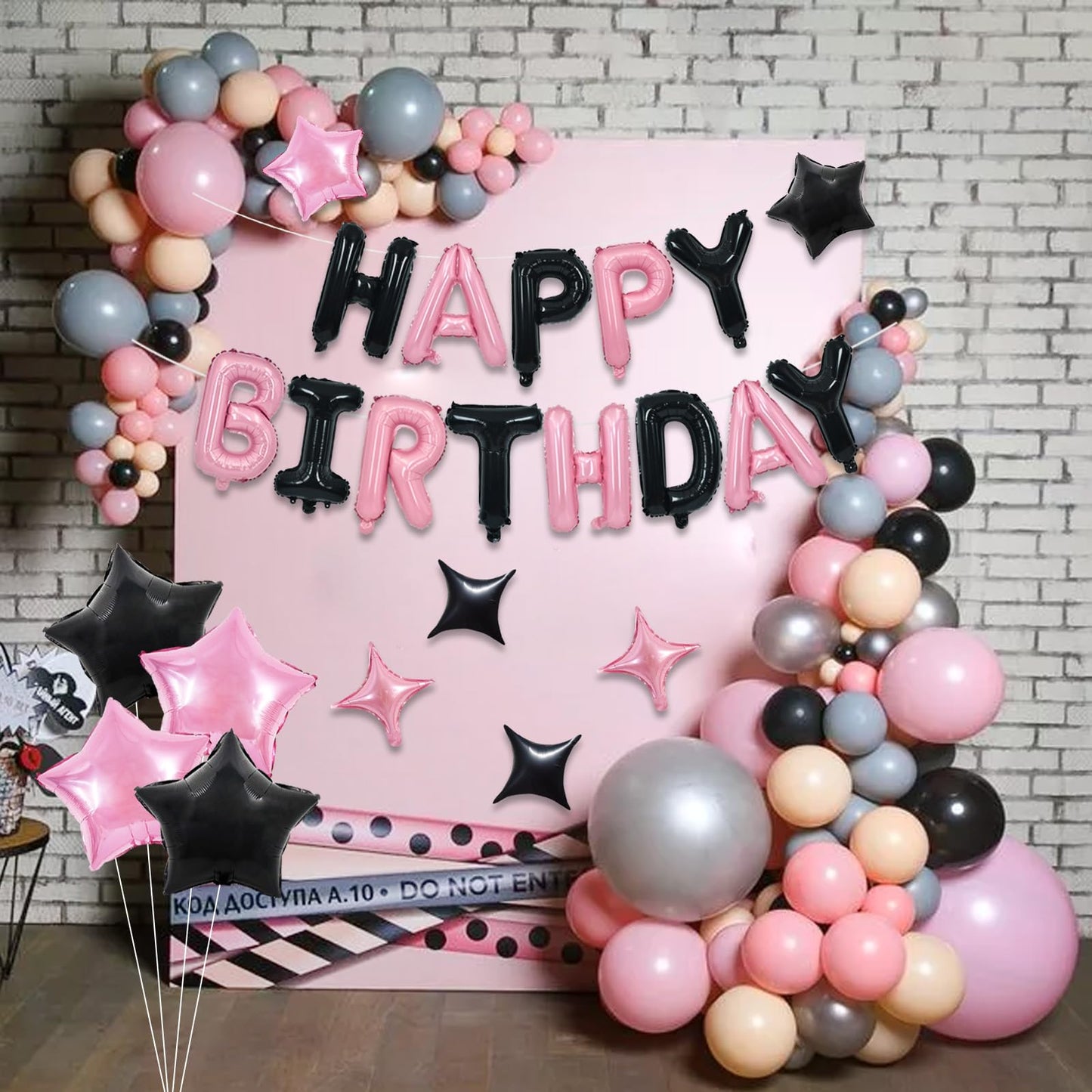 TONIFUL 35PCS Black Pink Happy Birthday Decorations Kit 16 Inch Happy Birthday Balloon Banner with Star Balloons Mylar Foil Birt