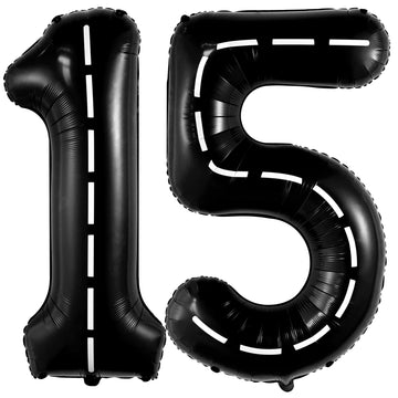 Katchon, Gaint Race Car 15 Balloon Number - 40 Inch | Black 15 Birthday Balloon | 15Th Road Birthday Decorations | 15 Year Old Balloon For 15Th Construction Birthday Decorations | Number 15 Balloon