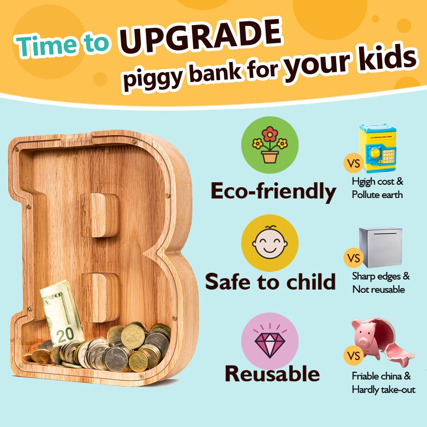 SummiDate Wooden Letter Piggy Bank| Piggy Bank for Boys Girls Toddler| Alphabet B Money Bank| Coin Bank Birthday Gift for Kids|Birthday Easter Gift for Kids (B)