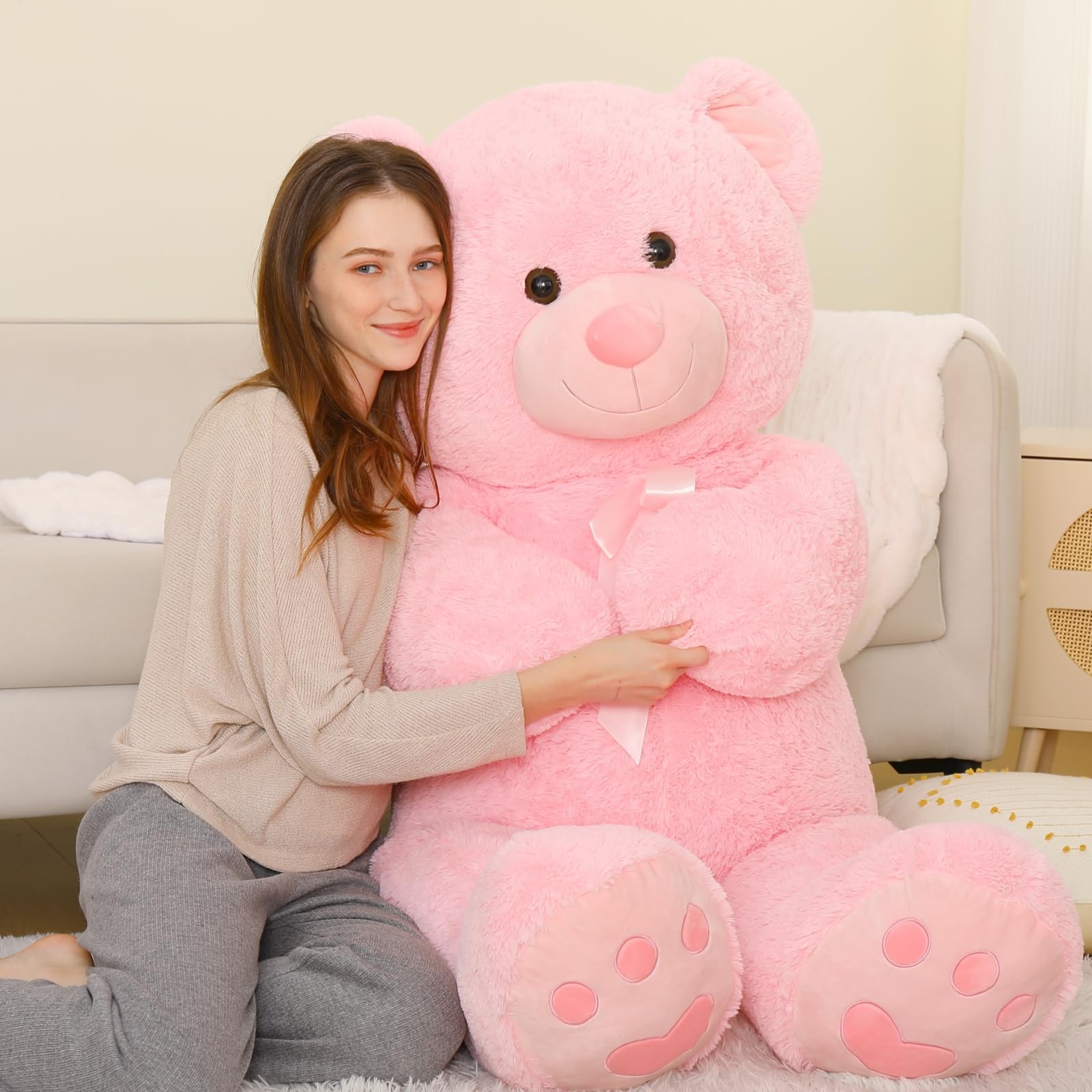 Morismos 5Ft Giant Teddy Bear Stuffed Animal, Large Stuffed Bear With Footprints, Big Pink Teddy Bear Plush Gifts For Wife, Girlfriend, Women On Valentine, Christmas, Birthday
