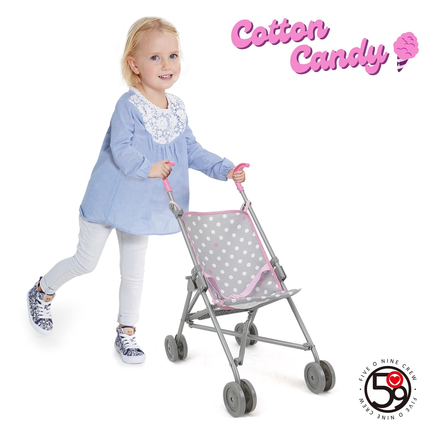 509 Crew: Cotton Candy Pink: Umbrella Doll Stroller - Pink, Grey, Polka Dot - For Dolls Up To 24'', Foldable, Kids Pretend Play,