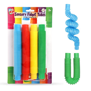Pop Tubes Sensory Toys 4 Pack, Fine Motor Skills Toddler Toys, Thick Fidget Sensory Toys For Kids And Adults, Learning Toys, 7.5' Stretches Up To 26' By Playkidz (4 Pack)