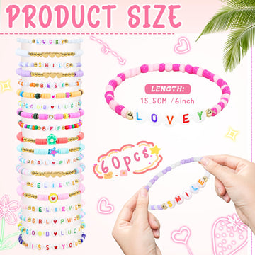 Yesaior 60 Pcs Colorful Friendship Bracelet, Stackable Elastic Cute Beaded Bracelets Preppy Bracelets Bulk Set For Women Gift (F