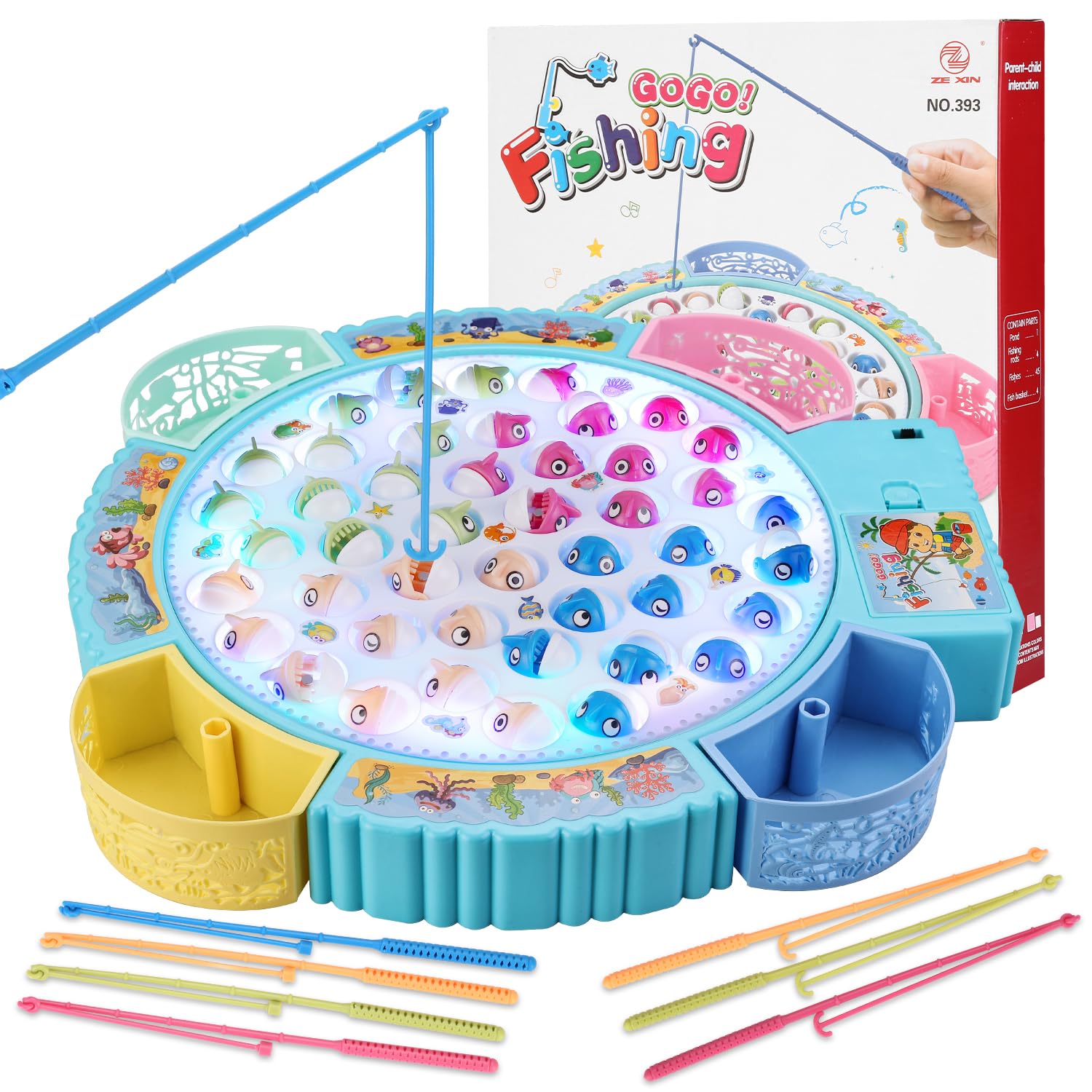 Pakoo Light Up Fishing Game Toys, Rotating Board Game With Music Including 45 Fishes And 8 Fishing Poles, Party Game Toys For Kids Age 4 5 6 7 8 And Up