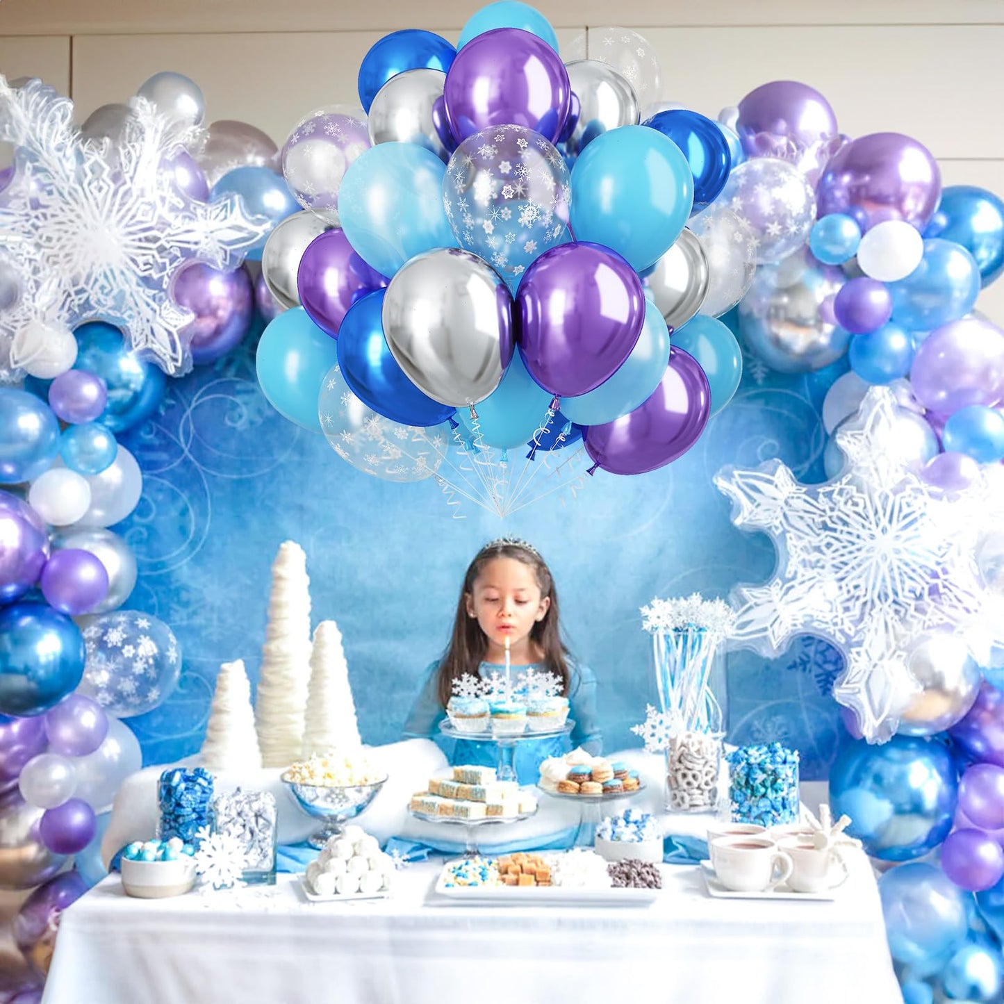 Frozen Balloons, Pastel Blue Metallic Purple Silver Balloon With Snowflake Latex Balloons, Frozen Birthday Party Decorations For