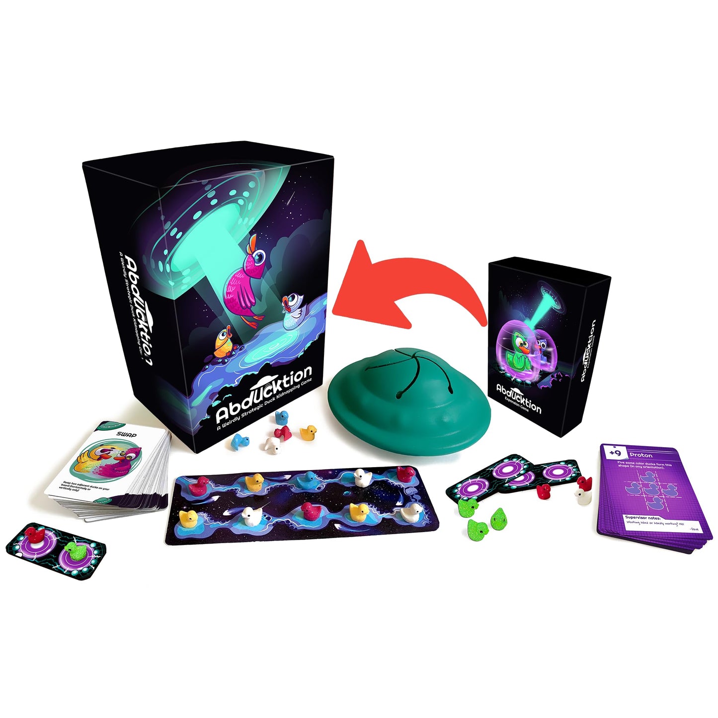 Abducktion Bundle Base + IntergalacDuck Expansion Pack, Strategic Duck Game, 25-30 Min, Ages 12+, Green, Model AB-COMBO, Plastic