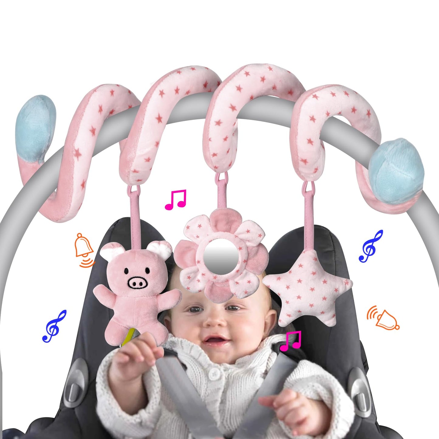 Car Seat Toys, Infant Baby Pink Pig Spiral Activity Hanging Toys Stroller Toys For Car Seat Stroller Bar Crib Bassinet Mobile With Mirror Bb Squeaker And Rattles